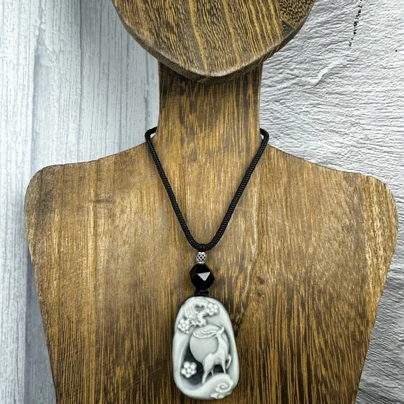 Tai Chi Stone Deer Pendant Necklace on Black Adjustable Rope - Picture 7 of 11